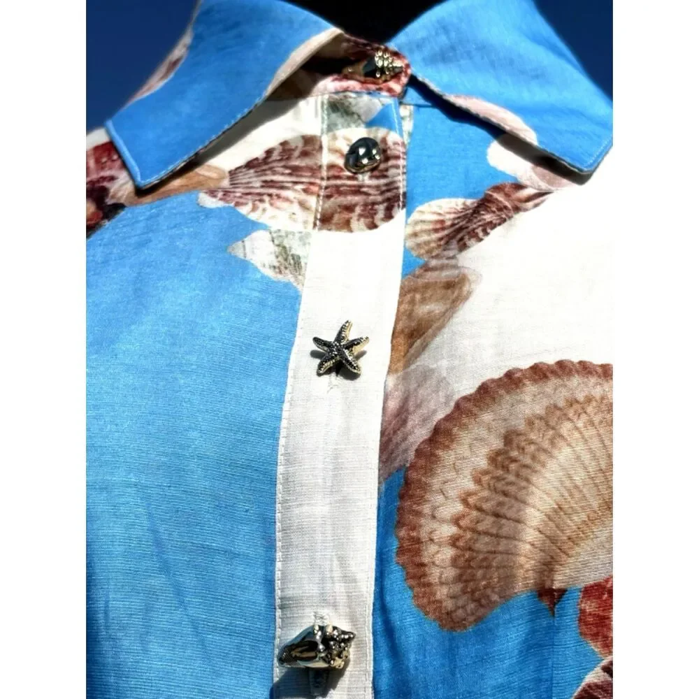 Caroline Constas Sea Shell Print Midi Dress Small Blue White Beach Coastal NWT